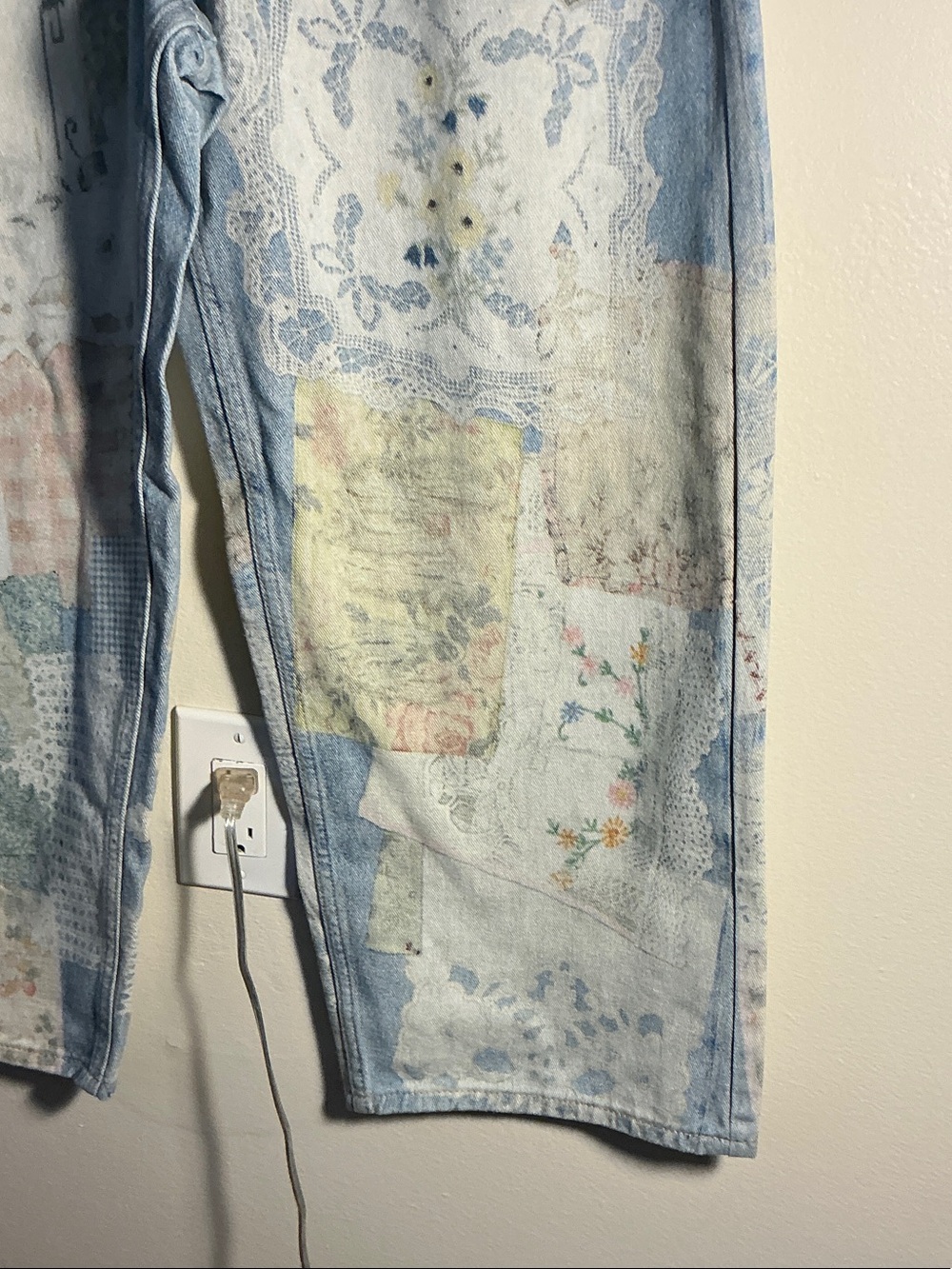 Light Blue Patchwork-Print Straight Leg Jeans - Picture 3 of 6